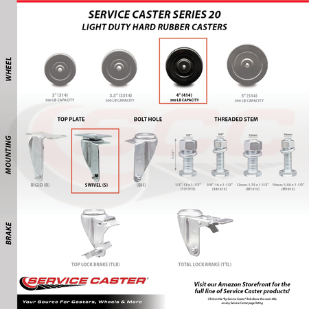 Service Caster 4 Inch Hard Rubber Wheel Swivel Top Plate Caster Set with 2 Brakes SCC SCC-20S414-HRS-TP2-2-TLB-2